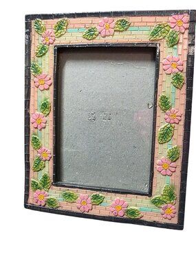 Vintage Pink Daisies Mosaic Brick-Patterned Border Picture Frame